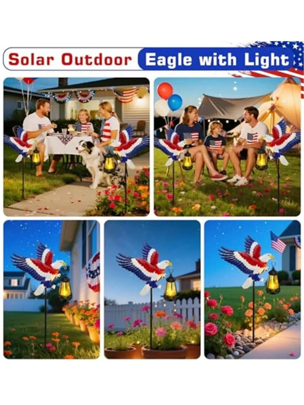 2 Pack 4th of July Decoration Solar Light Solar Eagle Garden Lights with Lantern